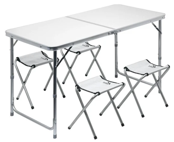 Stôl kempingový DOUBLE teleskopický šedý + 4 stoličky
